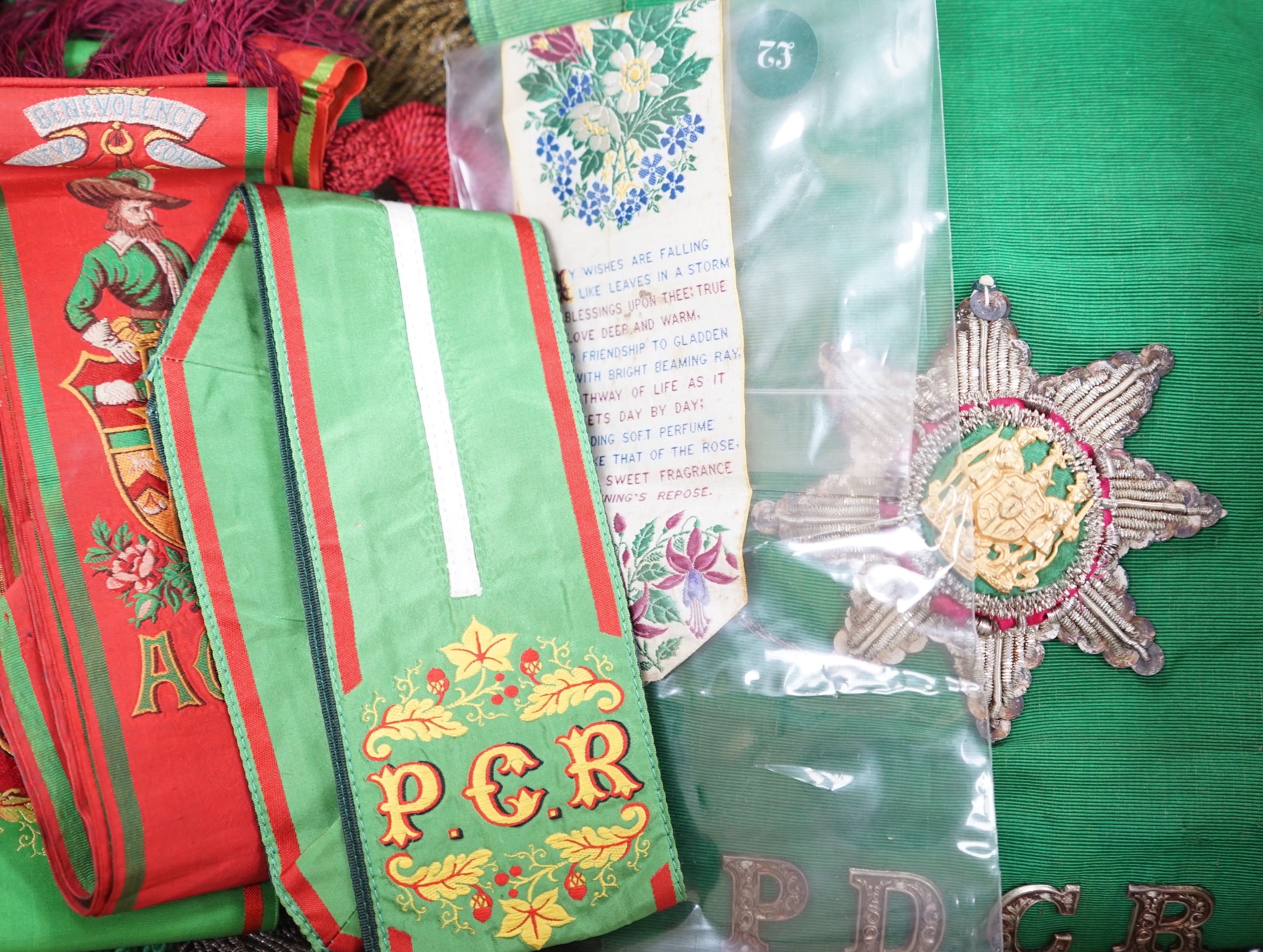 A collection on Free Mason sashes and ribbons